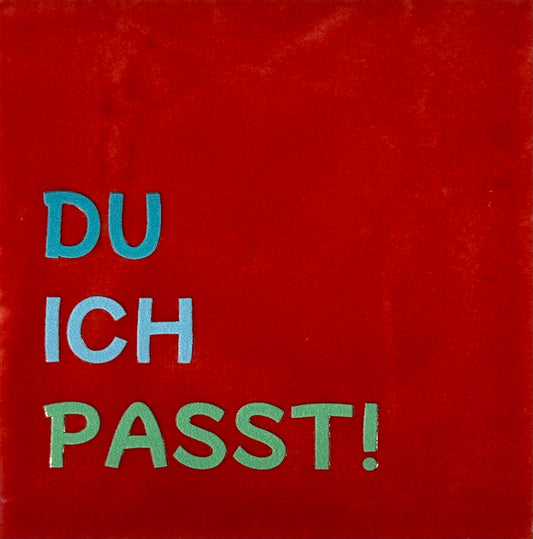 Quote tegeltje 'du ich passt!' rood/turquoise (warmblauw-mint)