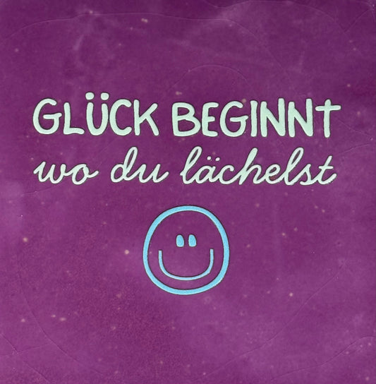 Quote tegeltje 'glück beginnt wo du lächelst' lila/lichtgroen(warmblauw)