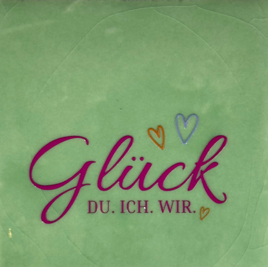 Quote tegeltje 'glück du ich wir' mint/knalroze(oranje-lila)