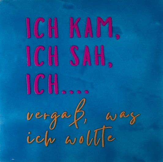 Quote tegeltje 'ich kam ich sah ich...' lichtblauw/knalrozea(oranje)