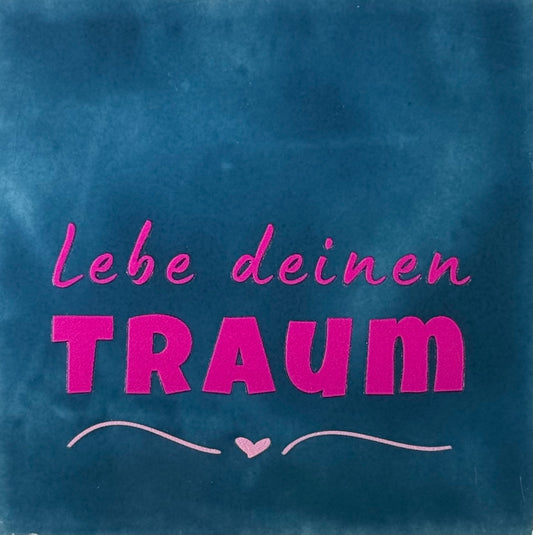 Quote tegeltje 'lebe deinen traum' donkerblauw/knalroze(warmroze)