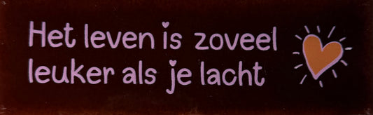 Quote tegeltje DO 'het leven is zoveel leuker als je lacht' kastanje/warmroze(oranje)