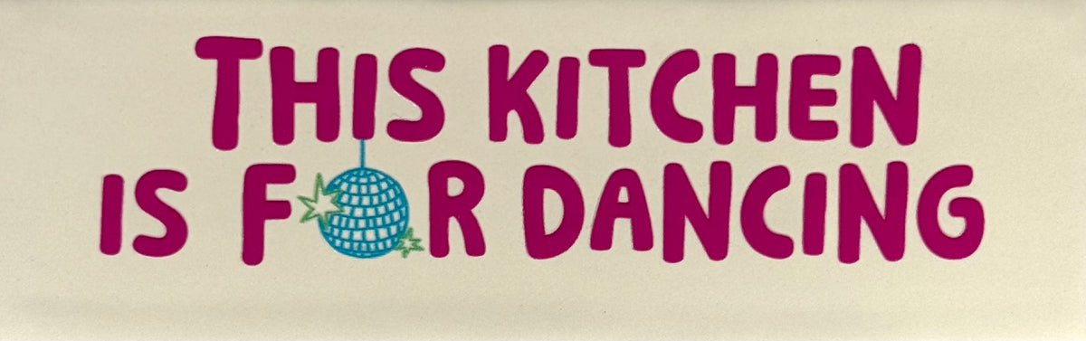 Quote tegeltje DO 'this kitchen is for dancing' creme/knalroze(felblauw-mint)