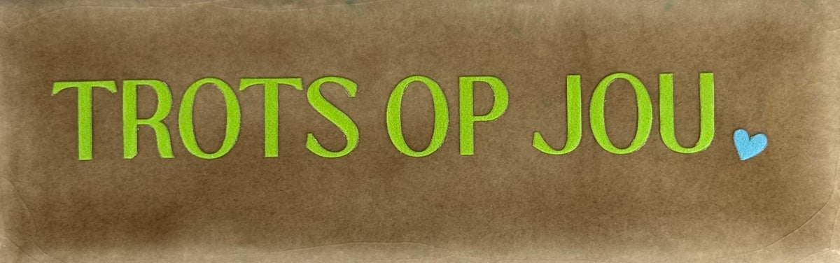Quote tegeltje DO 'trots op jou' taupe/lime(warmblauw)