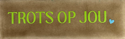 Quote tegeltje DO 'trots op jou' taupe/lime(warmblauw)
