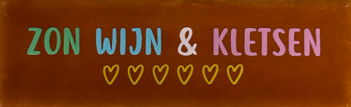 Quote tegeltje DO 'zon wijn & kletsen' terra/mint(warmblauw-creme-warmroze-goud)