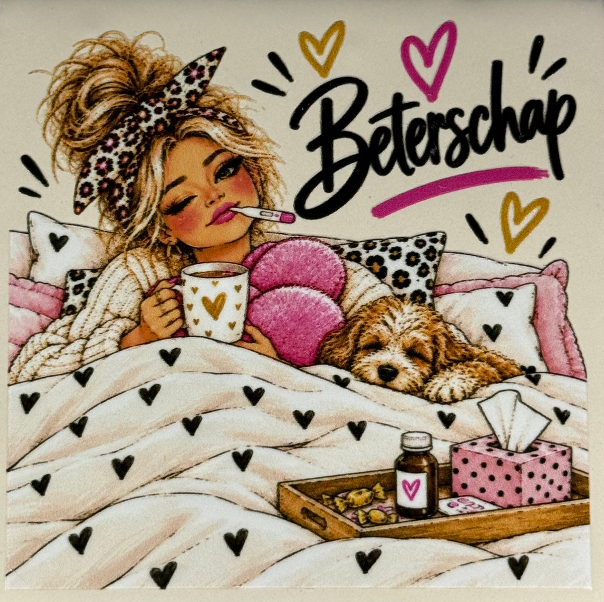 Quote tegeltje 'FUNNY beterschap vrouw' creme/multi