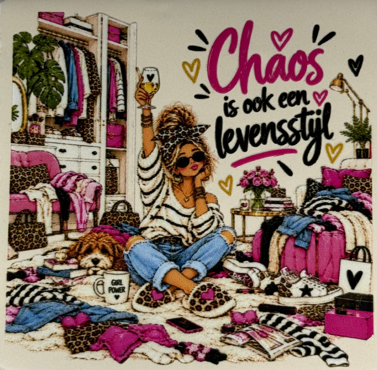 Quote tegeltje 'FUNNY chaos is ook een levensstijl' creme/multi