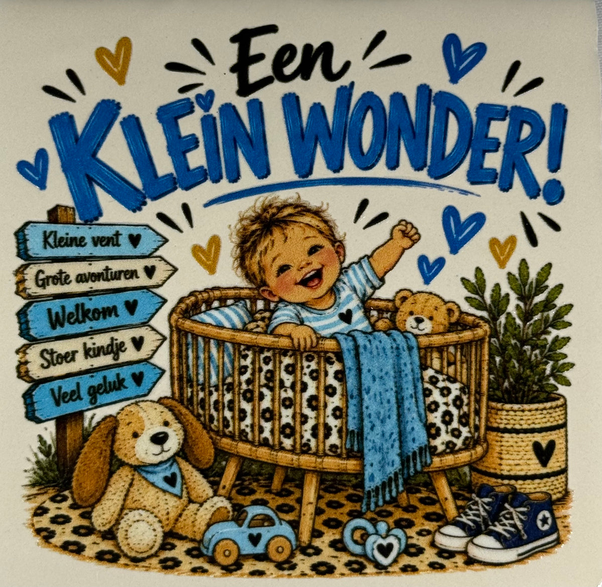 Quote tegeltje 'FUNNY een klein wonder jongen' creme/multi