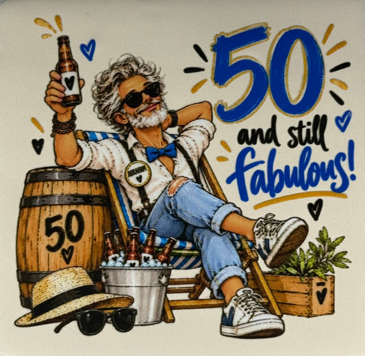 Quote tegeltje 'FUNNY 50 and still fabulous Abraham' creme/multi (kopie)