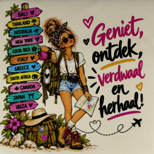 Quote tegeltje 'FUNNY geniet ontdek verdwaal en herhaal' creme/multi