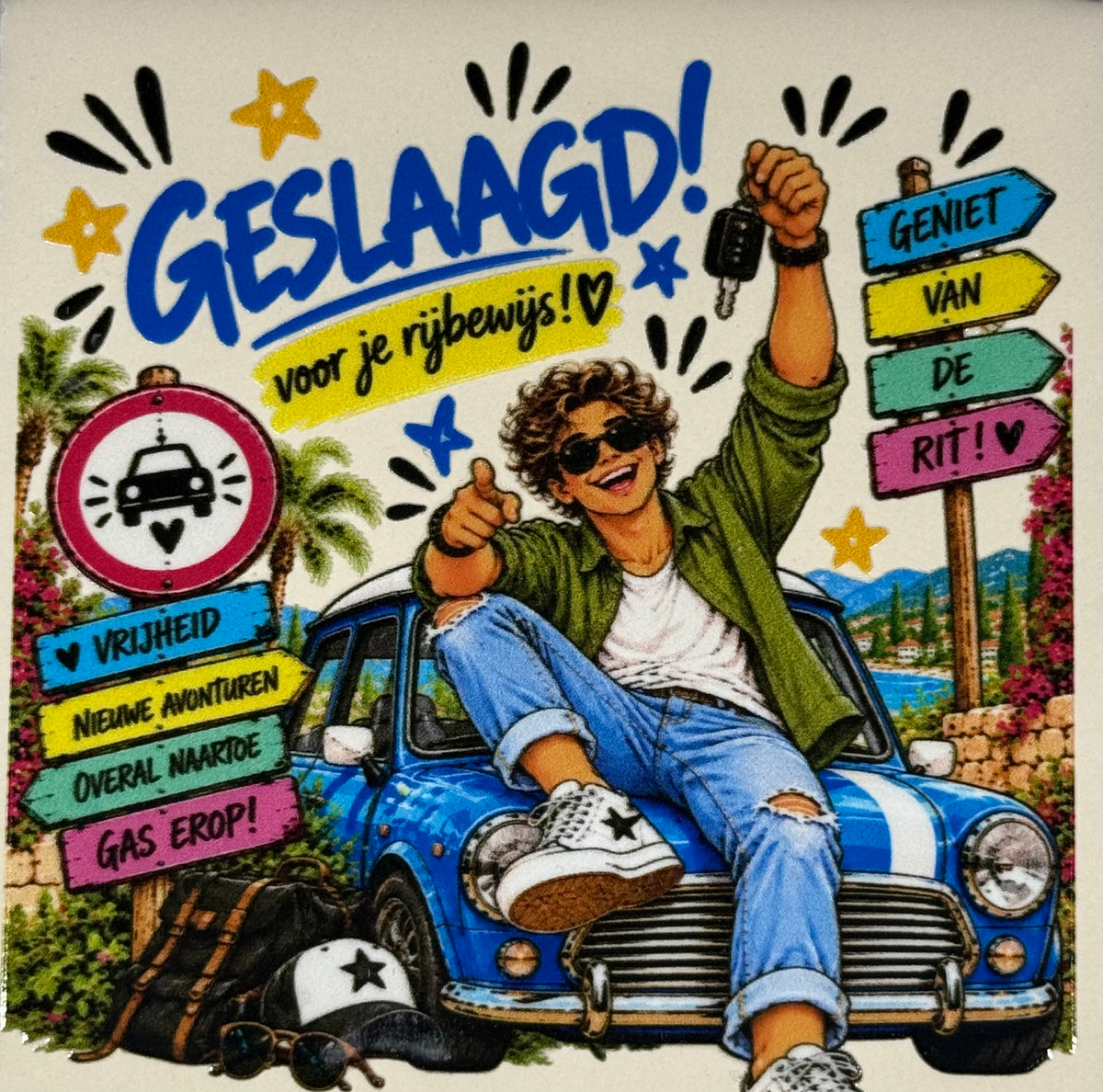 Quote tegeltje 'FUNNY geslaagd rijbewijs man' creme/multi