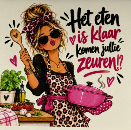 Quote tegeltje 'FUNNY het eten is klaar komen jullie zeuren' creme/multi