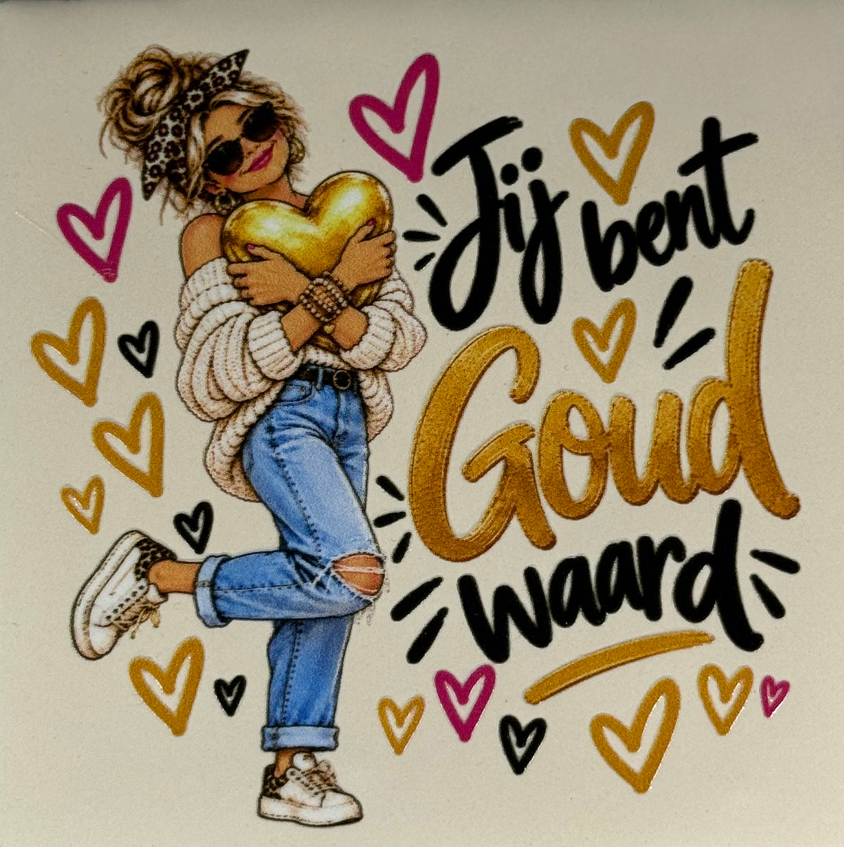 Quote tegeltje 'FUNNY jij bent goud waard' creme/multi