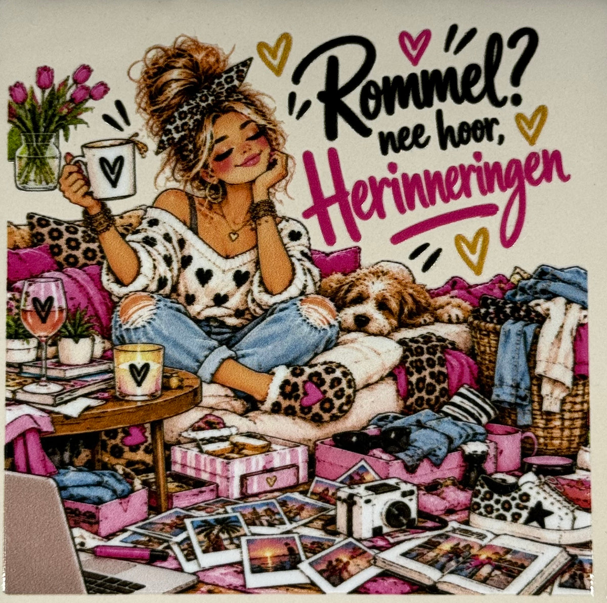 Quote tegeltje 'FUNNY rommel..nee hoor herinneringen' creme/multi