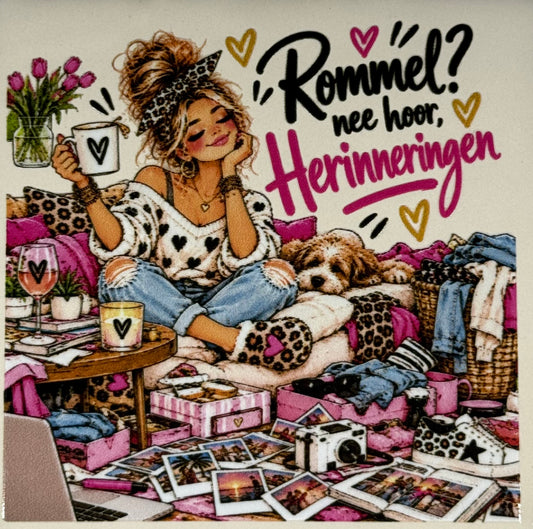 Quote tegeltje 'FUNNY rommel..nee hoor herinneringen' creme/multi