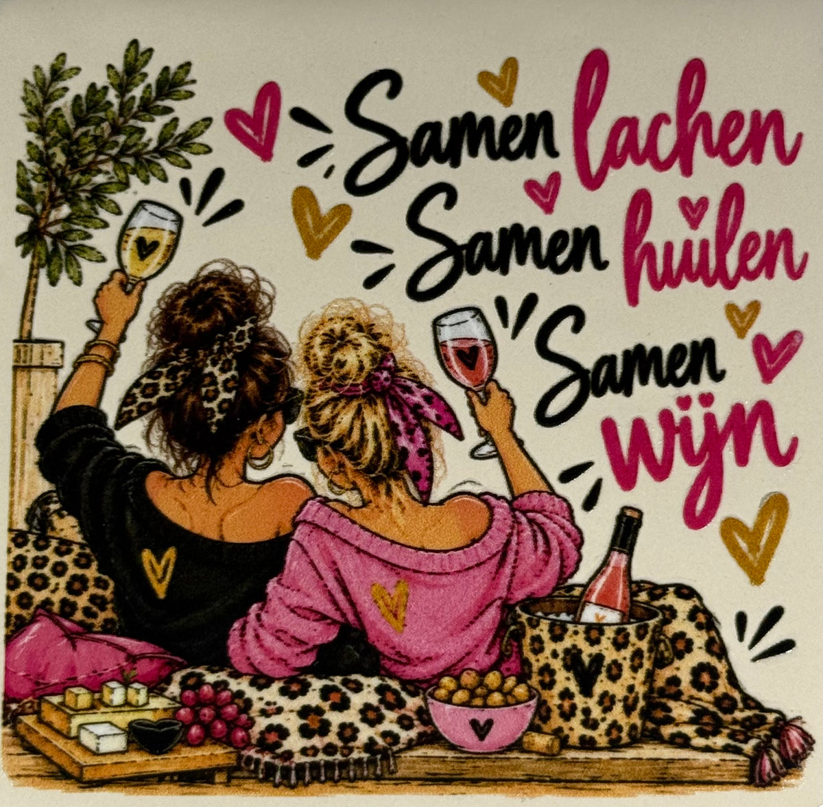 Quote tegeltje 'FUNNY samen lachen huilen wijn (achterkant)' creme/multi