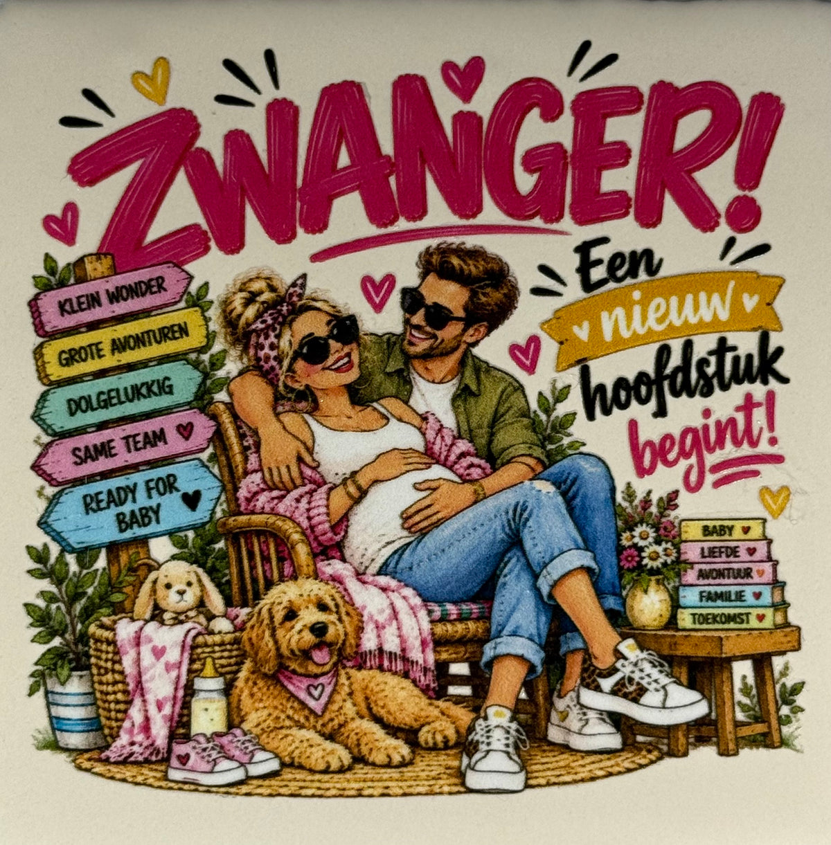 Quote tegeltje 'FUNNY zwanger man-vrouw' creme/multi
