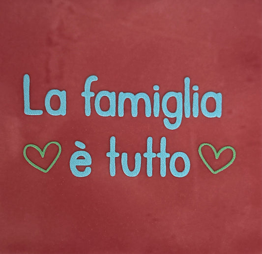 Quote tegeltje 'la famiglia è tutto' roze/warmblauw (mint)