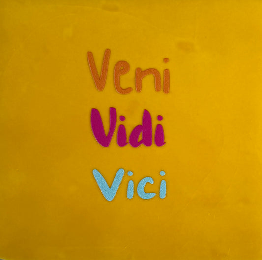 Quote tegeltje 'veni vidi vici' geel/oranje (knalroze-warmblauw)